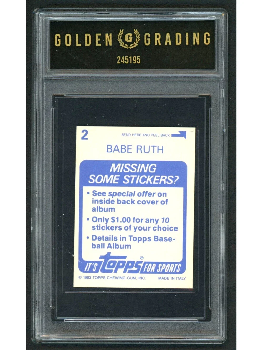1983 Topps Foil Stickers Babe Ruth #2 Yankees HOF Graded 7 NM